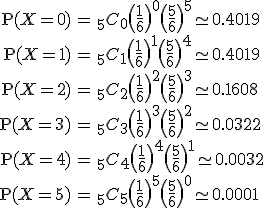 \begin{eqnarray}\mathrm{P}(X=0) &=& _5 C_0 \( \frac{1}{6} \)^0 \( \frac{5}{6} \)^5 \simeq 0.4019 \\\mathrm{P}(X=1) &=& _5 C_1 \( \frac{1}{6} \)^1 \( \frac{5}{6} \)^4 \simeq 0.4019 \\\mathrm{P}(X=2) &=& _5 C_2 \( \frac{1}{6} \)^2 \( \frac{5}{6} \)^3 \simeq 0.1608 \\\mathrm{P}(X=3) &=& _5 C_3 \( \frac{1}{6} \)^3 \( \frac{5}{6} \)^2 \simeq 0.0322 \\\mathrm{P}(X=4) &=& _5 C_4 \( \frac{1}{6} \)^4 \( \frac{5}{6} \)^1 \simeq 0.0032 \\\mathrm{P}(X=5) &=& _5 C_5 \( \frac{1}{6} \)^5 \( \frac{5}{6} \)^0 \simeq 0.0001 \\\end{eqnarray}