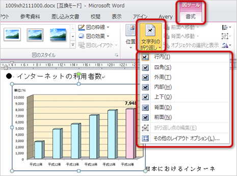 「文字列の折り返し」ボタン