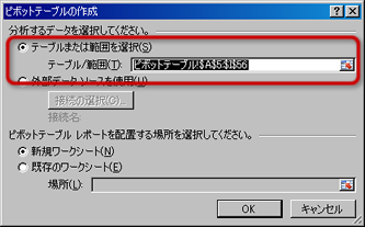 「ピボットテープルの作成」ウィンドウ