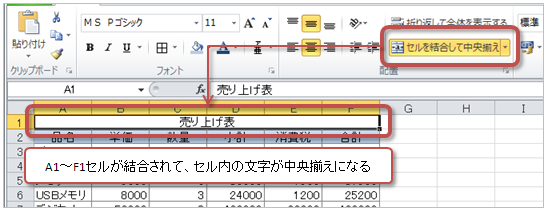 セルを結合して中央揃え